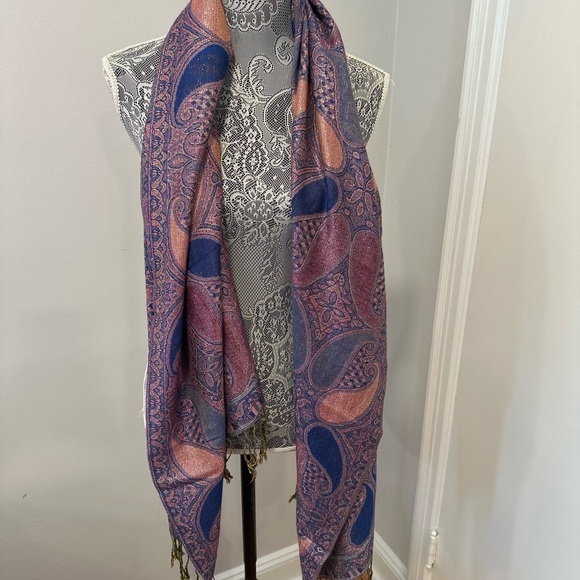 Pashmina Womens OS Paisley silk Purple Blue & Silver Sparkle Scarf w/ Tassels. - Picture 2 of 8